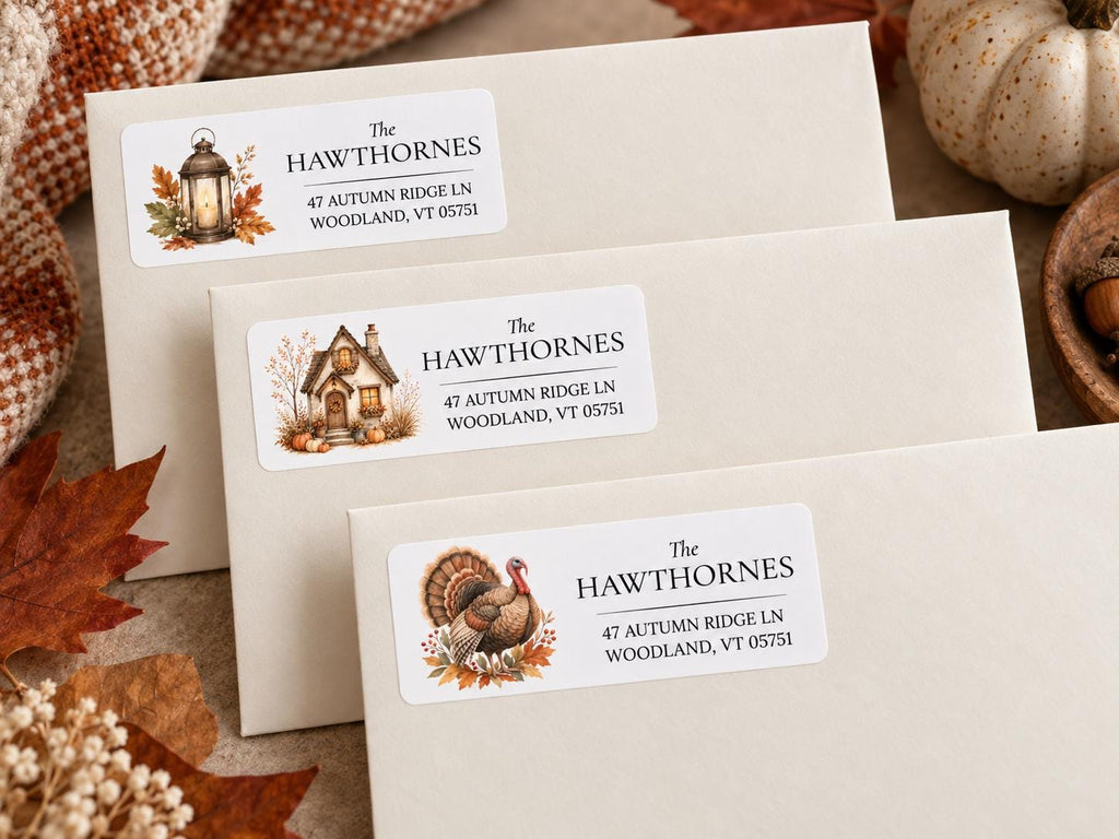 Fall return address labels with lantern and Thanksgiving turkey designs on cream envelopes