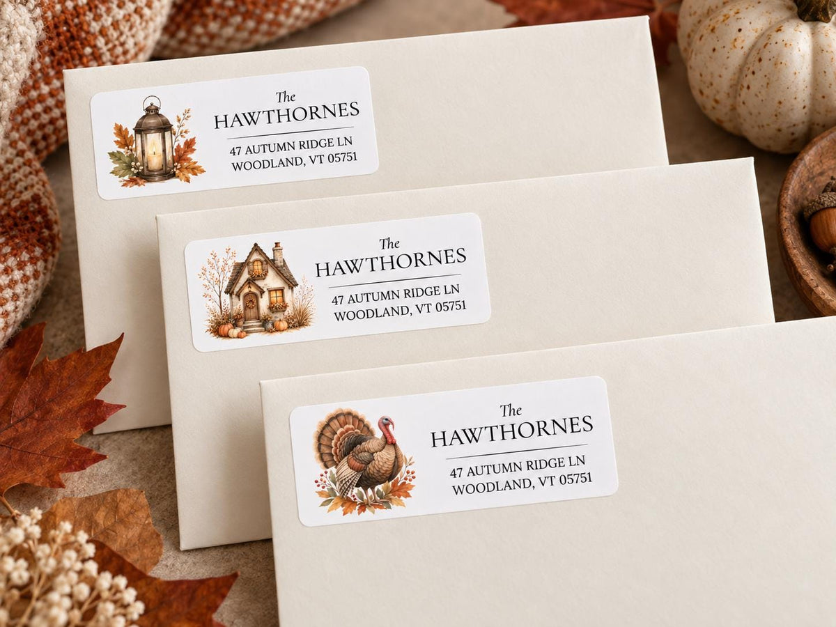 Fall return address labels with lantern and Thanksgiving turkey designs on cream envelopes