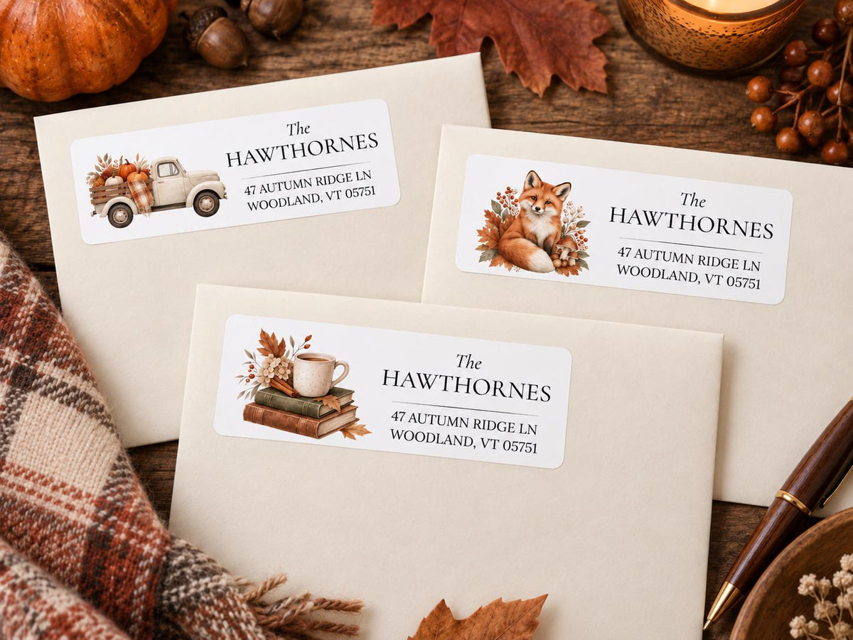 Autumn return address labels with vintage pumpkin truck, woodland fox and books and coffee designs on cream envelopes