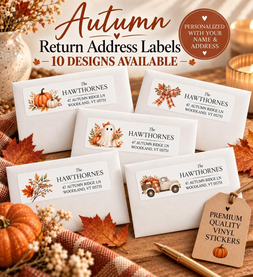 Personalized fall return address labels on white envelopes, showing five of the 10 autumn designs