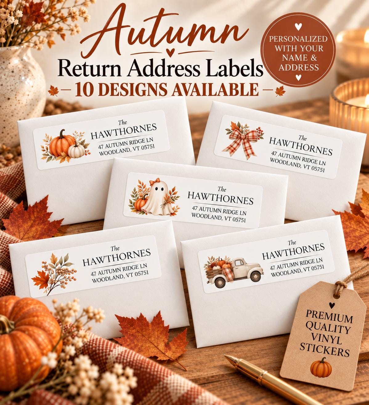 Personalized fall return address labels on white envelopes, showing five of the 10 autumn designs