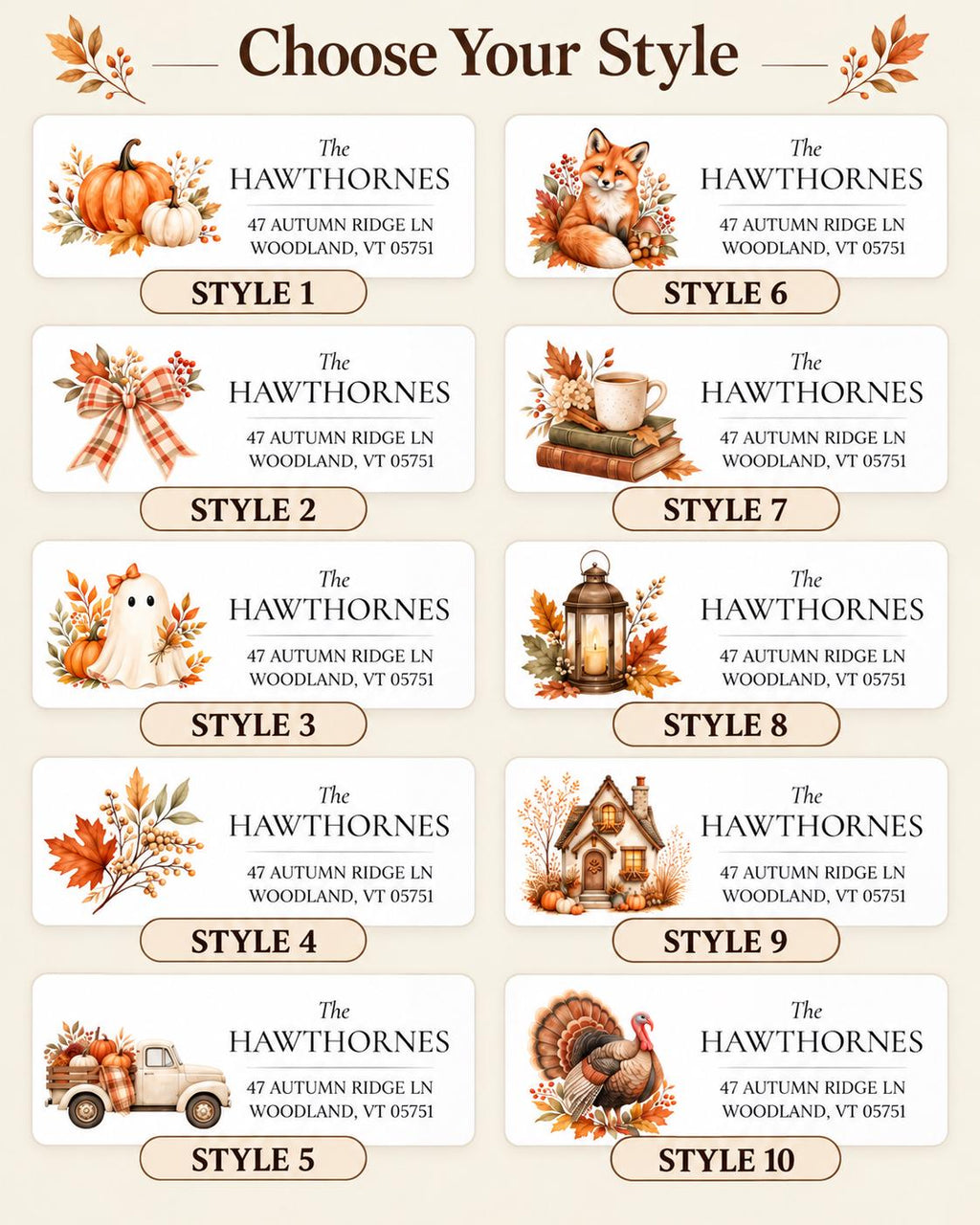 Style chart showing all 10 fall return address label designs, Style 1 to Style 10