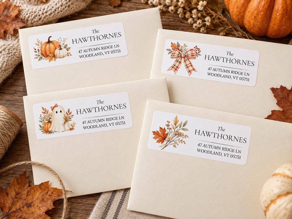 Fall return address labels with pumpkin, ghost and autumn leaf designs on cream envelopes
