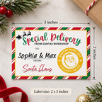 Size diagram of the From Santa label personalized for Sophia & Max: 3 inches wide by 2 inches tall