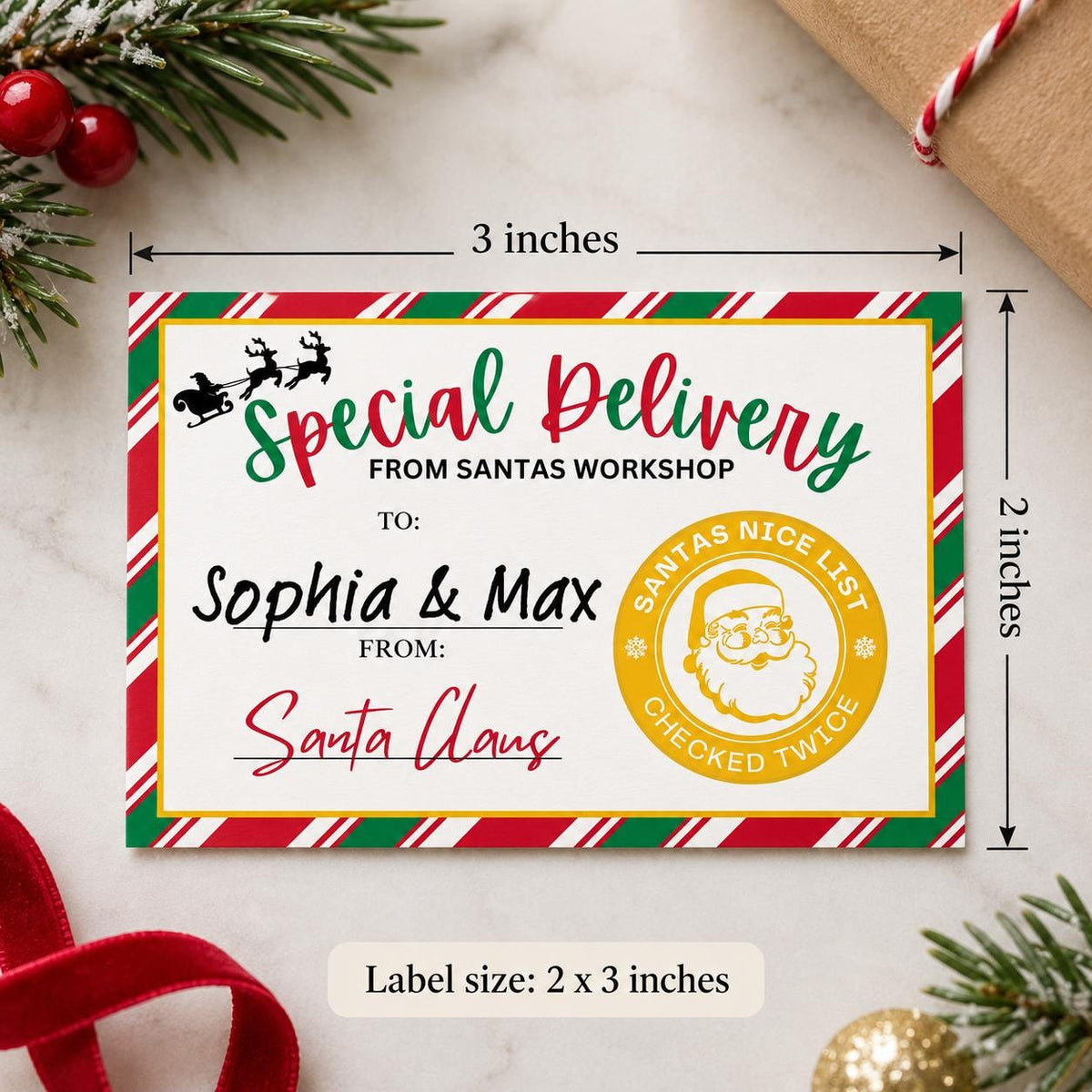 Size diagram of the From Santa label personalized for Sophia & Max: 3 inches wide by 2 inches tall