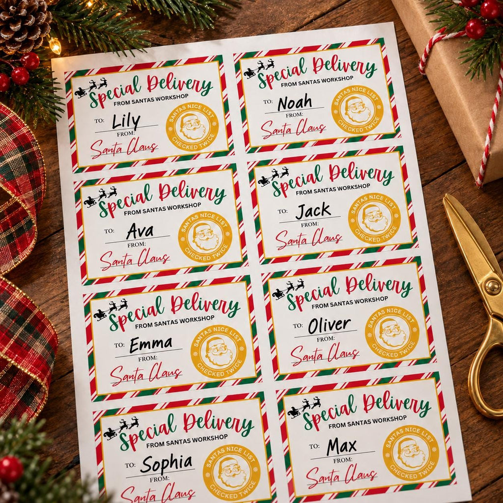 Grid of personalized From Santa gift labels with children's names: Lily, Noah, Ava, Jack, Emma, Oliver and more