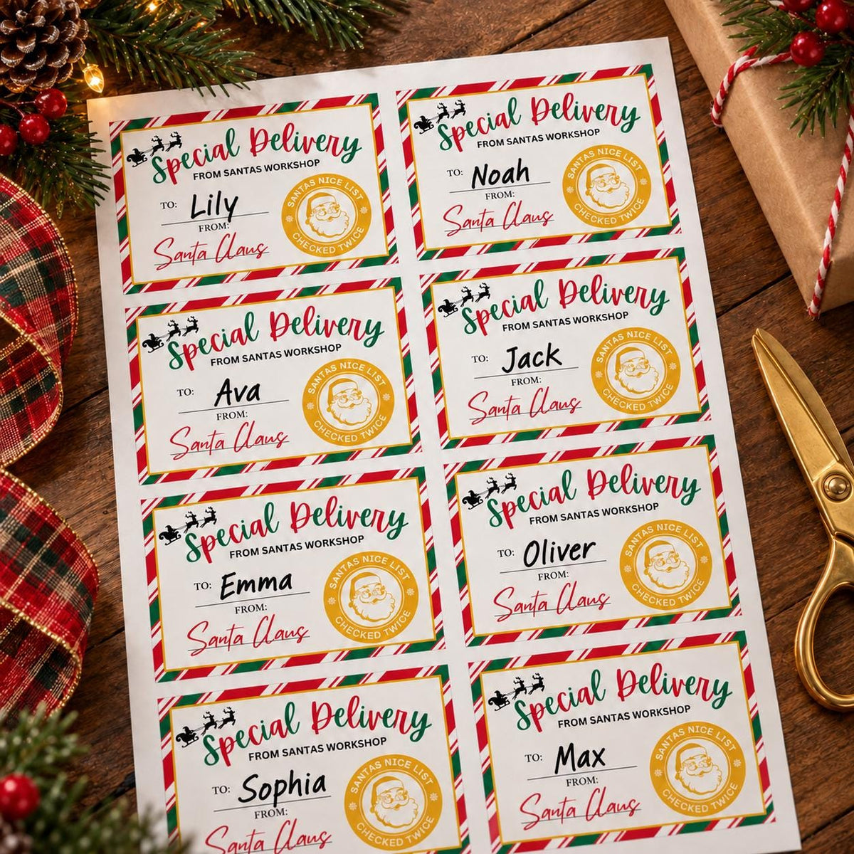 Grid of personalized From Santa gift labels with children's names: Lily, Noah, Ava, Jack, Emma, Oliver and more