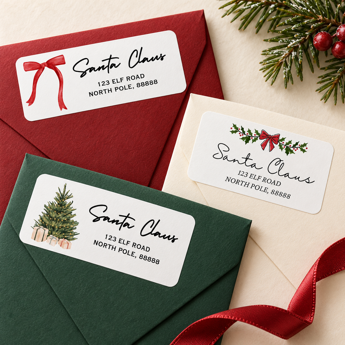 Personalized Christmas return address labels with red bow, Christmas tree and holly designs on red, green and cream envelopes