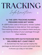 Tracking information FAQ card explaining USPS tracking numbers and packages marked delivered early
