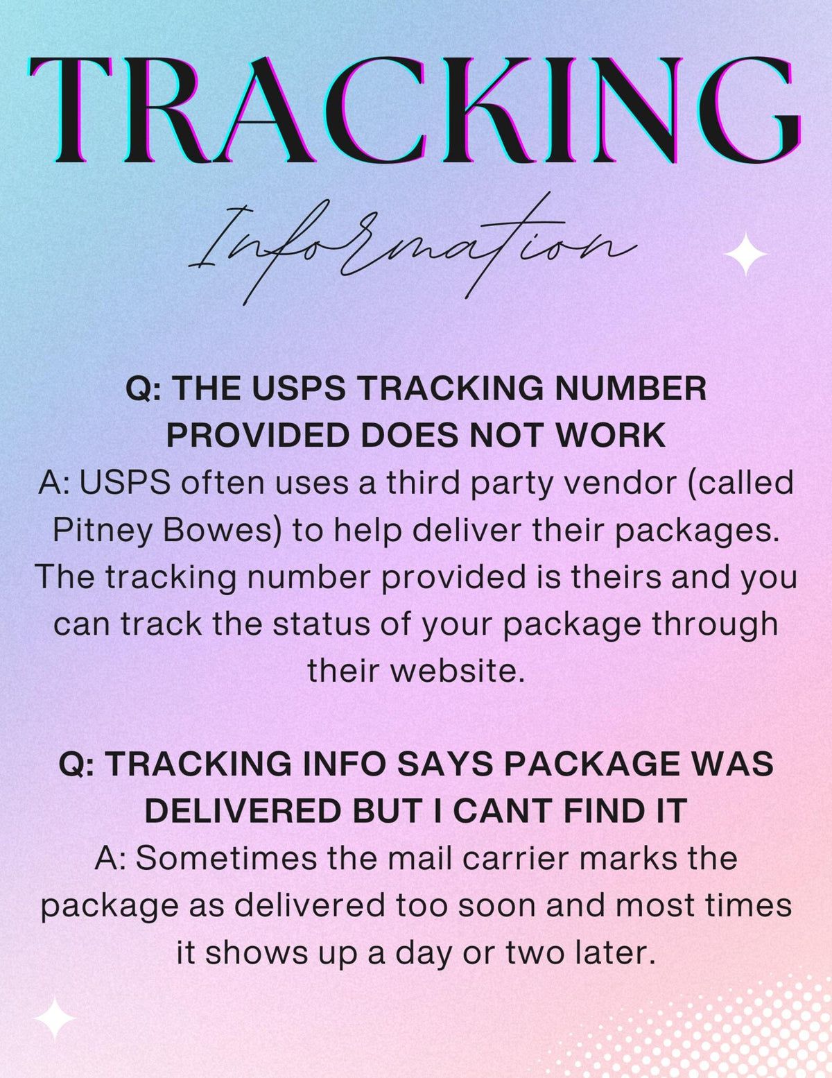 Tracking information FAQ card explaining USPS tracking numbers and packages marked delivered early