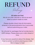 Refund policy card: all sales are final because each label is custom made to order