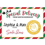 Full label design personalized for Sophia & Max: candy-cane border, Santa's sleigh, To and From lines and a gold Nice List seal