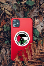Fight for Human Rights, Free Palestine sticker on a red phone case surrounded by autumn leaves