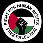 Close-up of the round Fight for Human Rights, Free Palestine sticker with a raised fist over the Palestinian flag