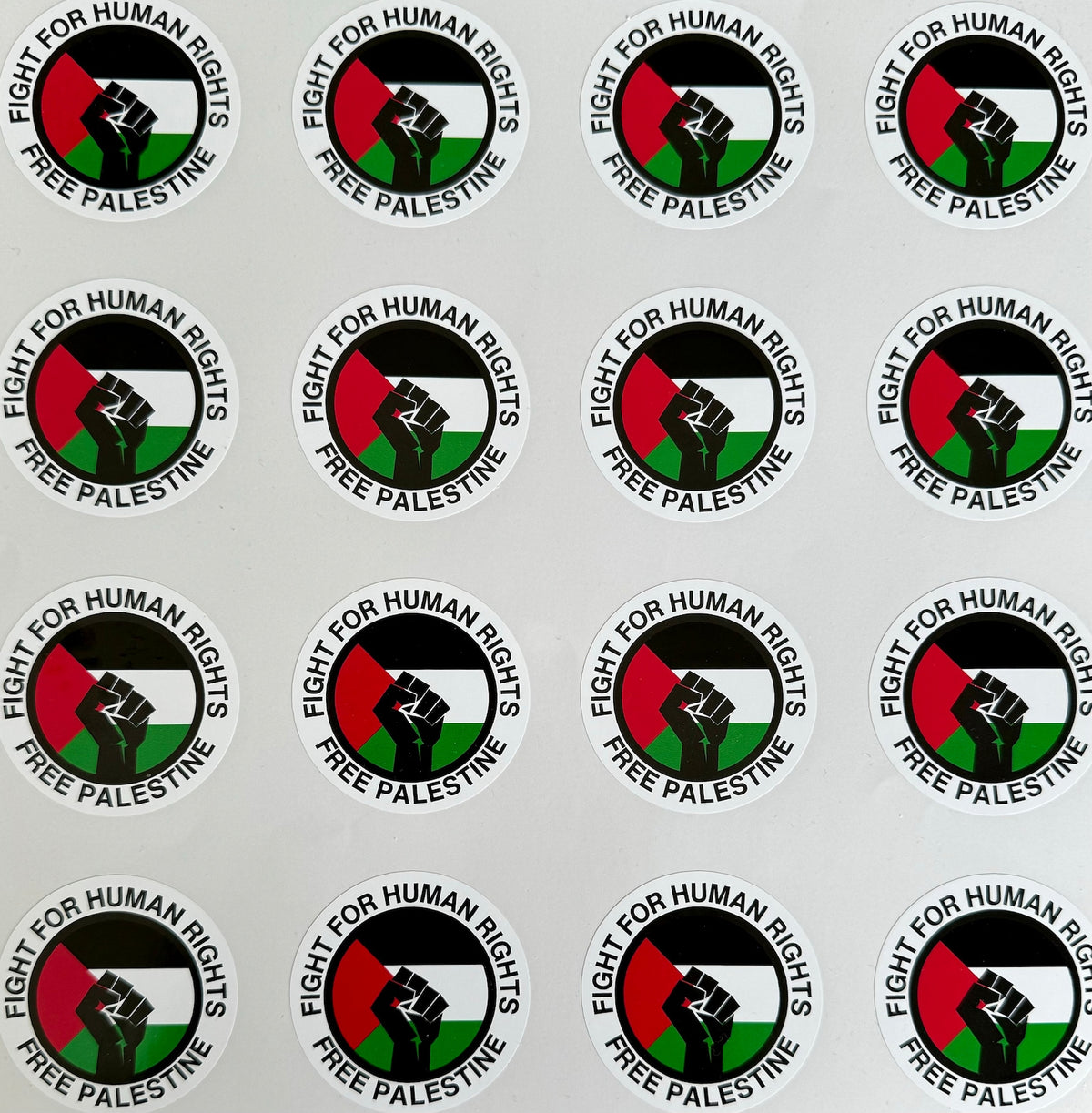 Sheet of small round Free Palestine raised fist stickers