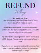 Refund policy graphic: custom-made orders are final sale; please check personalization details before ordering