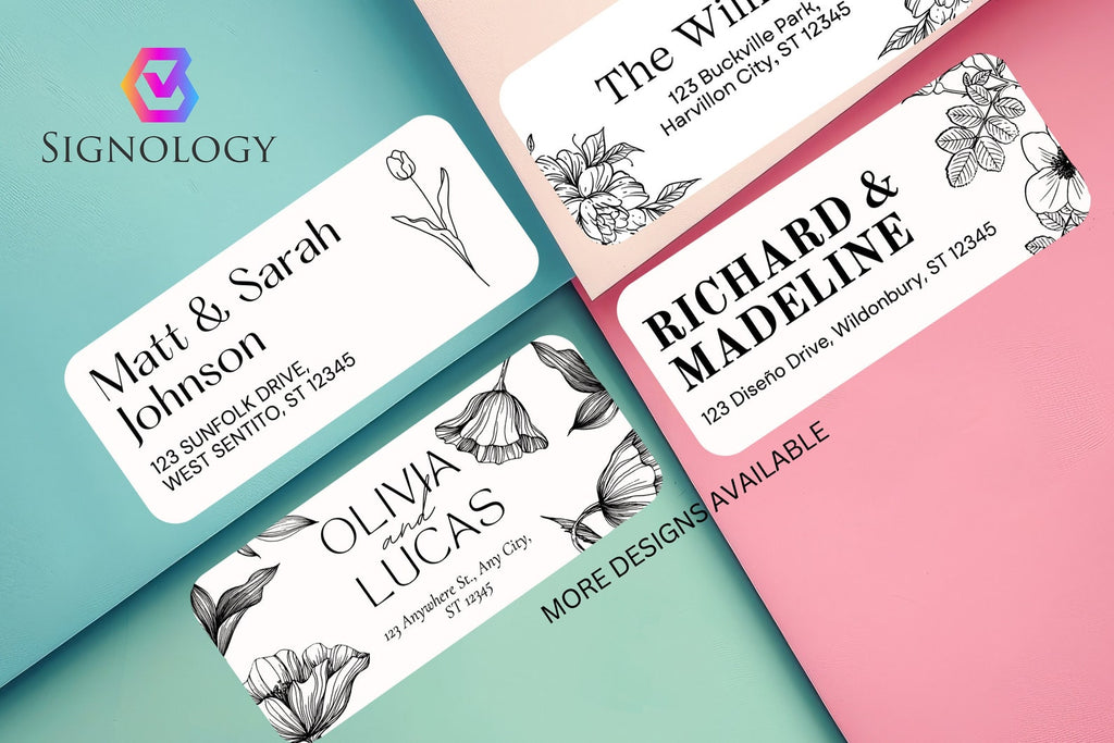 Assortment of personalized return address label designs on a pink and teal background