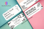 Assortment of personalized return address label designs on a pink and teal background