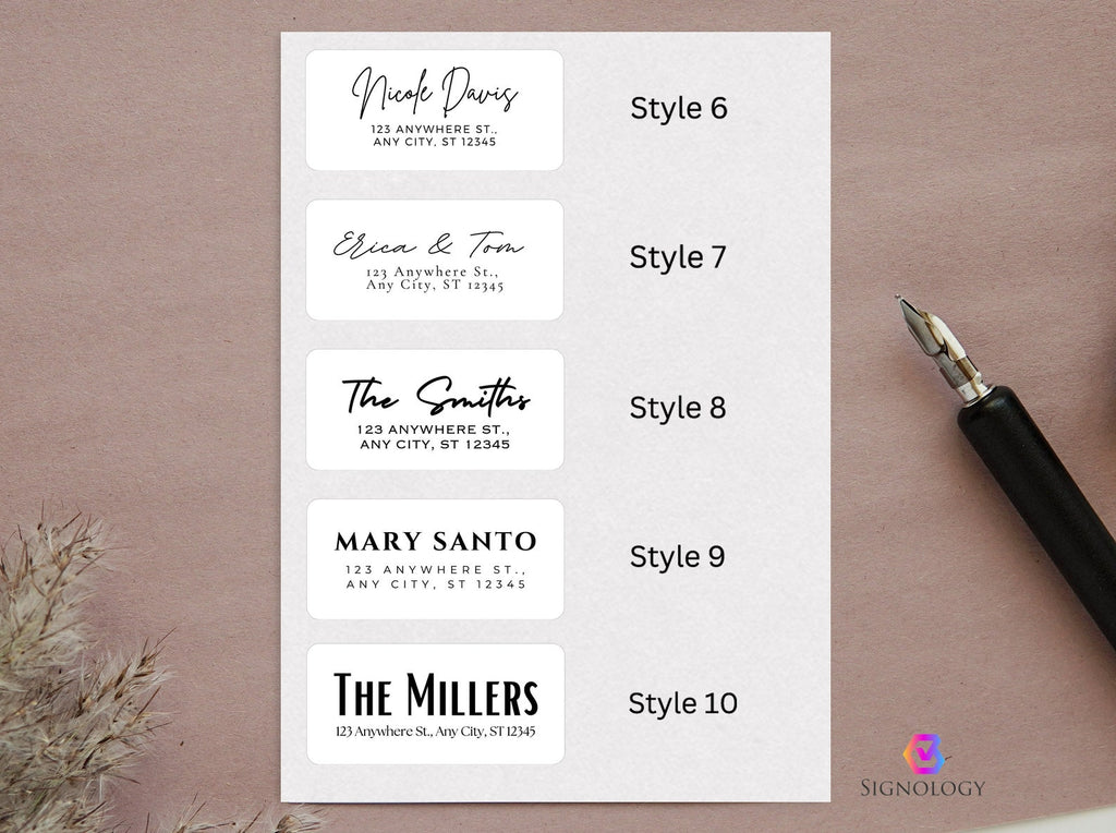 Style chart showing return address label Styles 6 to 10 in script and bold lettering