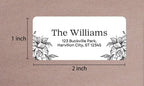 Floral return address label sample shown with 2 x 1 inch size measurements
