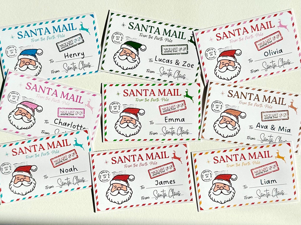 Nine personalized Santa Mail Christmas labels laid out in different color themes with children's names