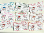 Nine personalized Santa Mail Christmas labels laid out in different color themes with children's names