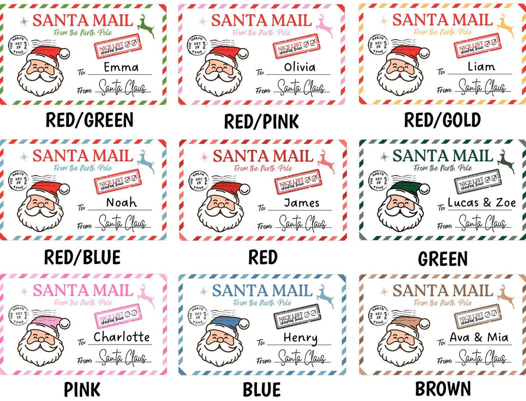 Color chart of 9 Santa Mail label themes: red/green, red/pink, red/gold, red/blue, red, green, pink, blue, brown