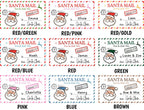 Color chart of 9 Santa Mail label themes: red/green, red/pink, red/gold, red/blue, red, green, pink, blue, brown