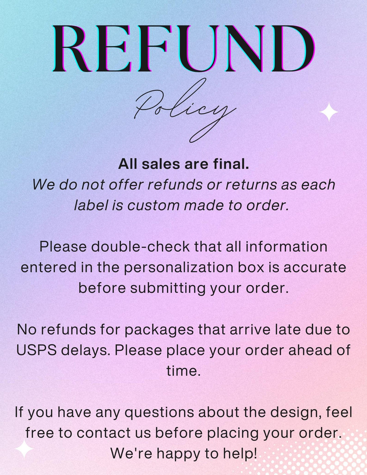 Refund policy graphic: custom labels are final sale, so please check personalization details before ordering