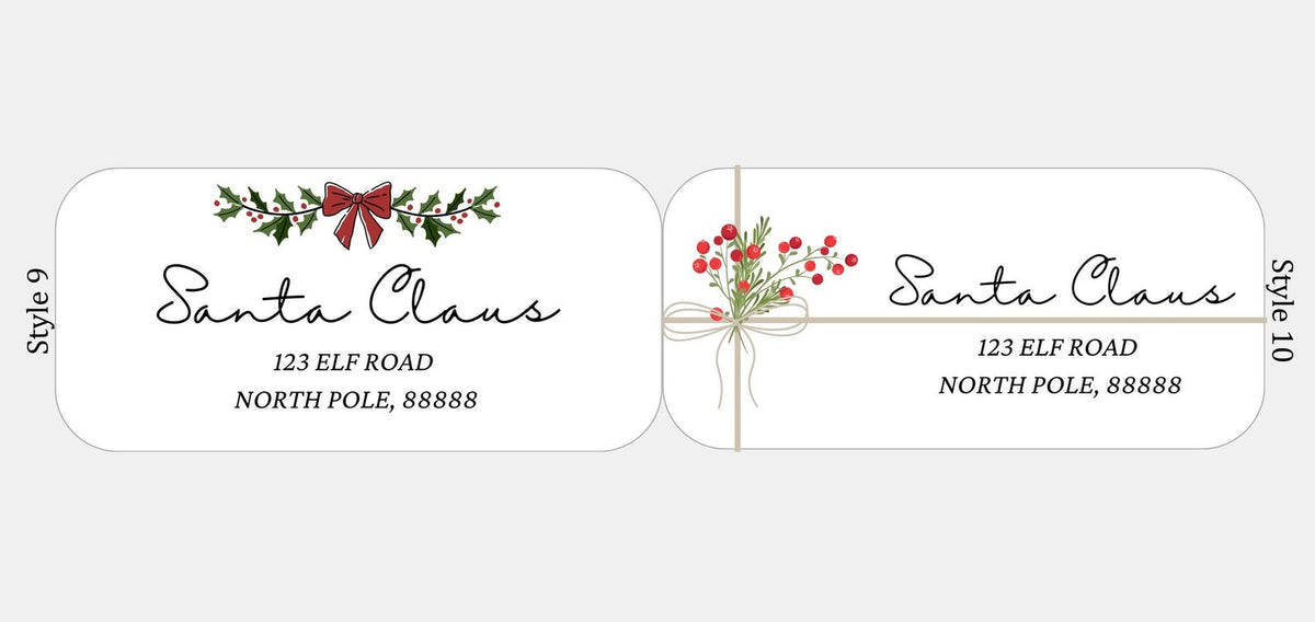 Return address labels, Styles 9 and 10: holly garland with red bow, and red berries tied with twine