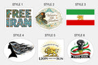 Style chart showing the six Free Iran sticker designs labeled Style 1 through Style 6