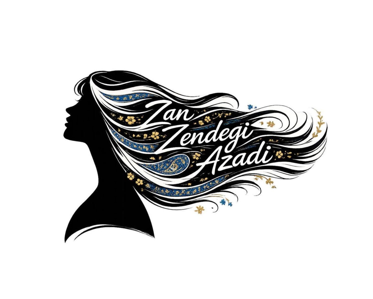 Style 4: Zan Zendegi Azadi sticker with a woman's silhouette and flowing black hair with blue paisley and gold flowers