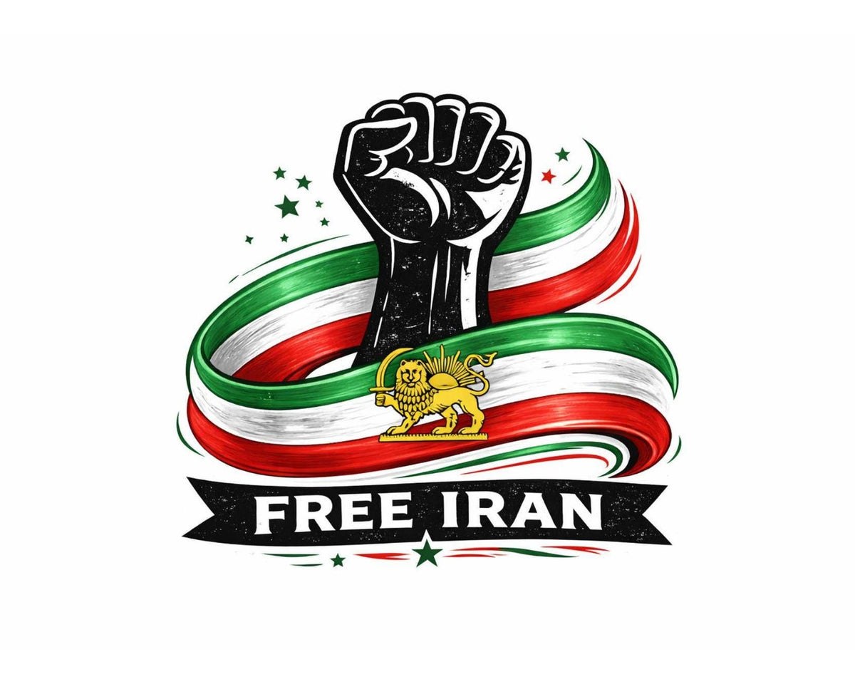 Style 6: Free Iran sticker with a raised fist wrapped in a green, white and red ribbon bearing the Lion and Sun emblem