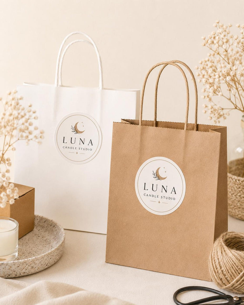 Luna Candle Studio round logo stickers on a white paper shopping bag and a kraft paper shopping bag