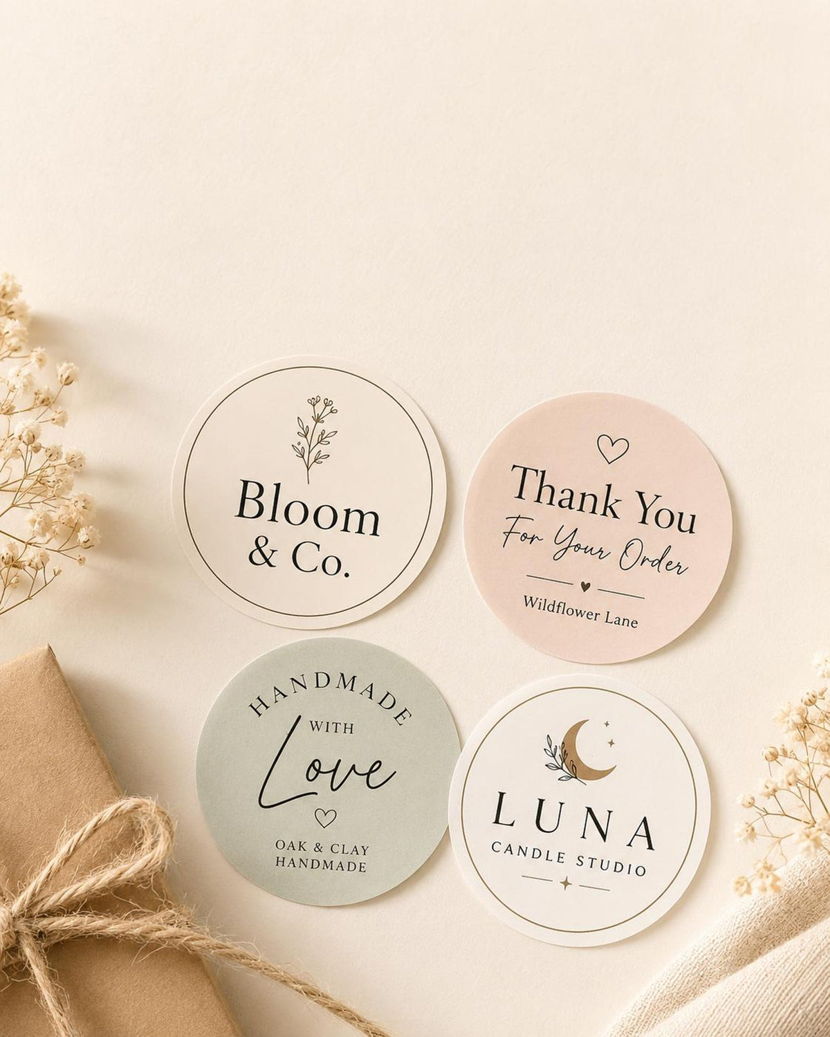 Bloom & Co., Thank You For Your Order, Handmade with Love and Luna round stickers in cream, blush and sage on a cream background