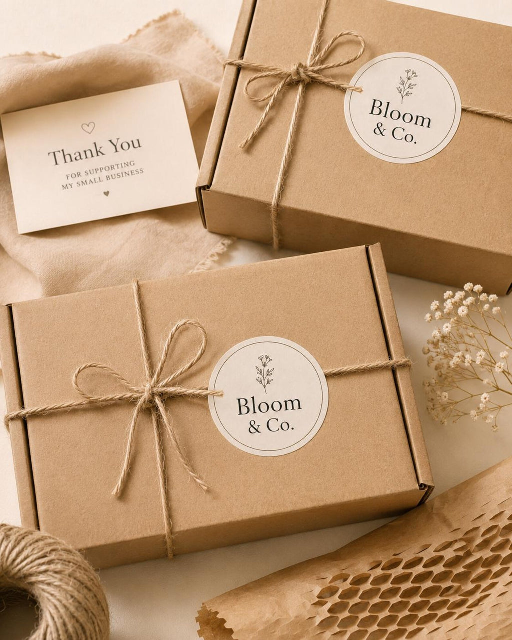 Bloom & Co. round logo stickers on twine-tied kraft mailer boxes beside a thank-you card