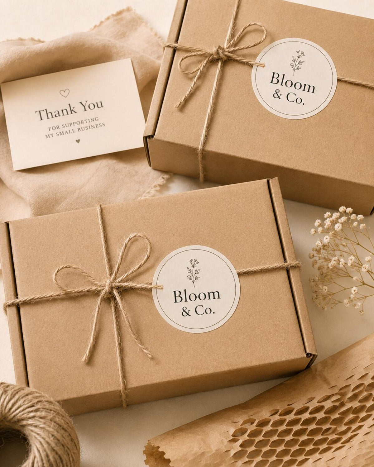 Bloom & Co. round logo stickers on twine-tied kraft mailer boxes beside a thank-you card