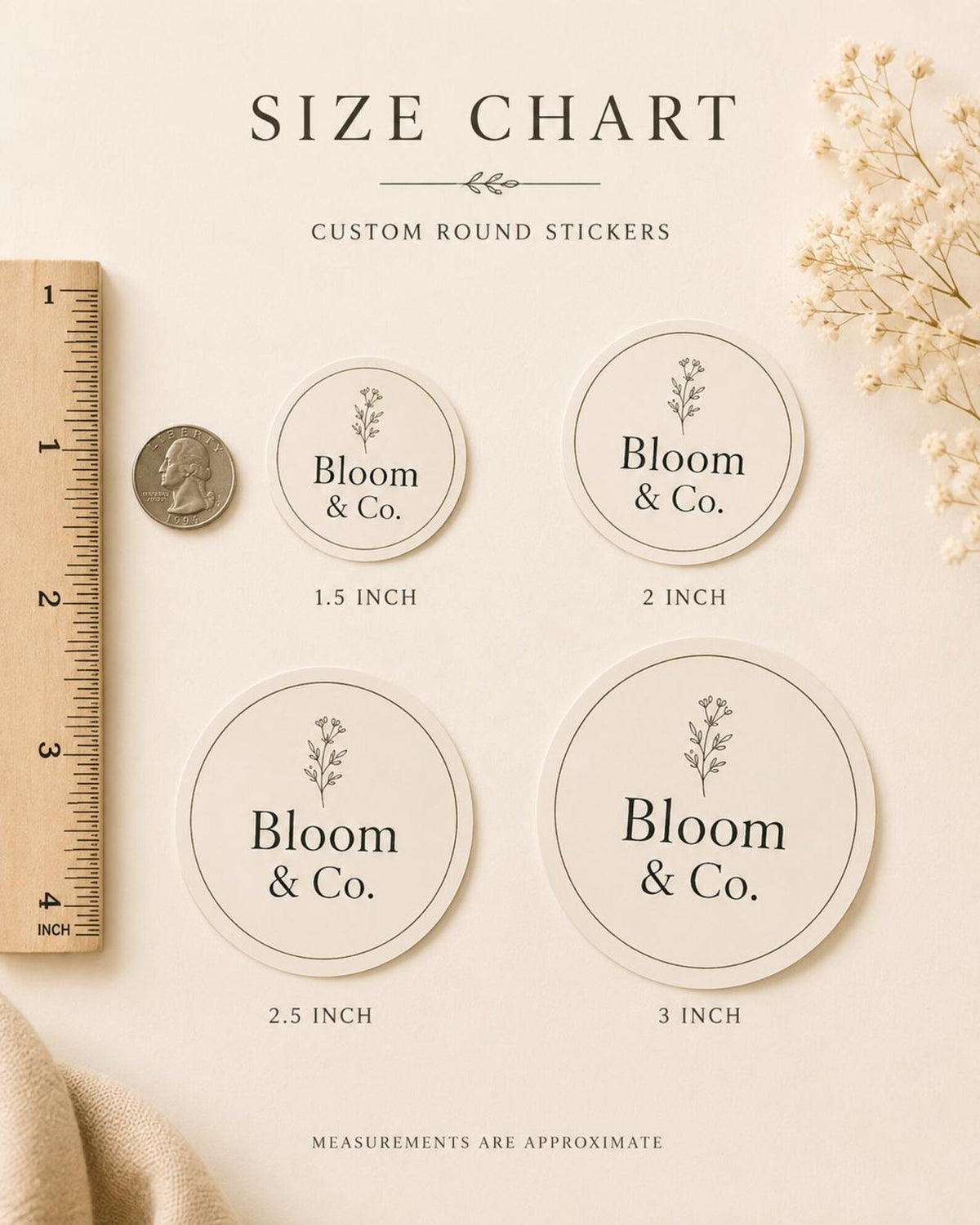 Size chart comparing 1.5, 2, 2.5 and 3 inch round logo stickers next to a ruler and a quarter