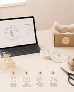 Four ordering steps: choose design, send your logo, approve proof, receive stickers, with a logo proof on a tablet